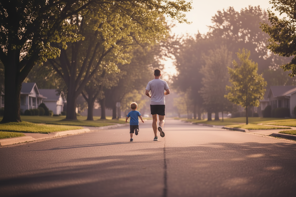 Man and son running on suburban street